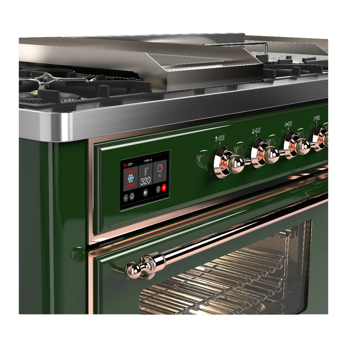 Side view of emerald green dual fuel range with copper knobs and digital oven controls