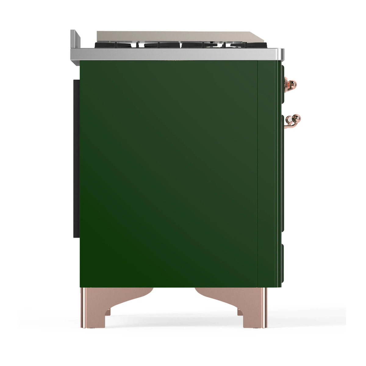 Right-side panel of emerald green dual fuel range with copper-trim legs