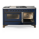 ILVE Majestic III 60-inch Dual Fuel Range with 5 Liquid Propane Burner, Griddle, French Top and Triple Glass Door Electric Oven in Midnight Blue with Burnished Trim (UM60FSNR3MBBLP)