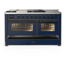 ILVE Majestic III 60-inch Dual Fuel Range with 5 Liquid Propane Burner, Griddle, French Top and Triple Glass Door Electric Oven in Midnight Blue with Burnished Trim (UM60FSNR3MBBLP)