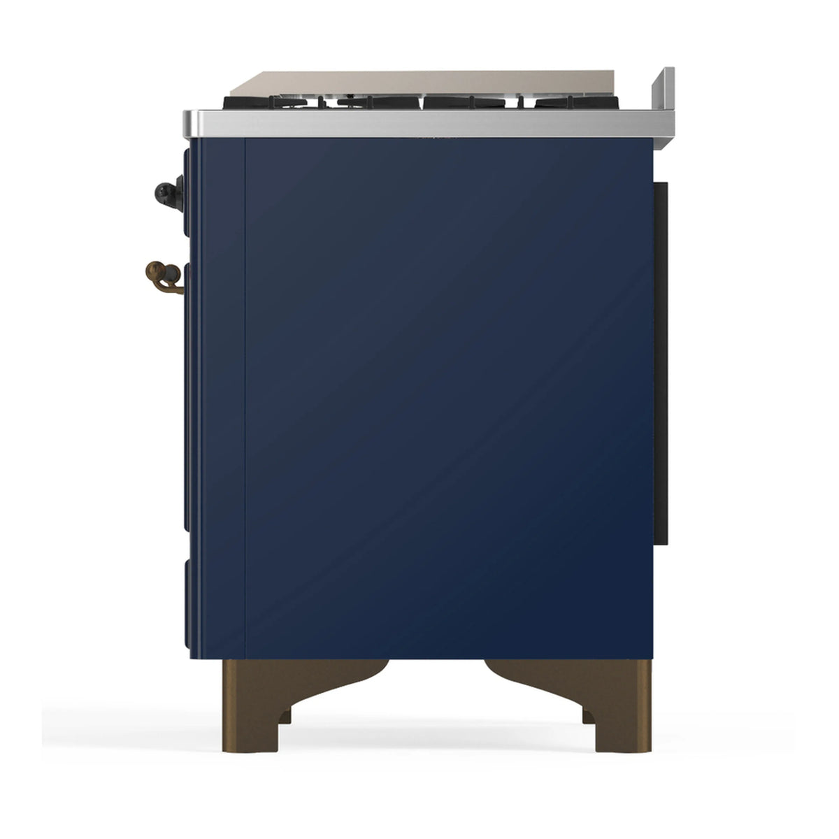 Midnight blue dual fuel range side/back view with control knobs and burnished legs