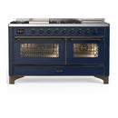 ILVE Majestic III 60-inch Dual Fuel Range with 7 Natural Gas Burner, Griddle, French Top and Triple Glass Door Electric Oven in Midnight Blue with Burnished Trim (UM60FSNR3MBB)