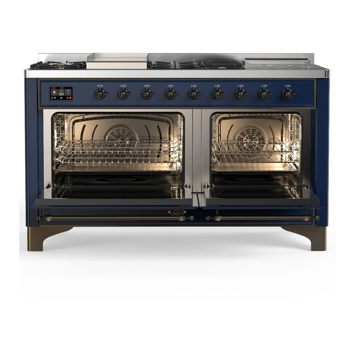 Midnight blue dual fuel range with two open oven doors showing racks