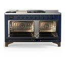 ILVE Majestic III 60-inch Dual Fuel Range with 7 Natural Gas Burner, Griddle, French Top and Triple Glass Door Electric Oven in Midnight Blue with Burnished Trim (UM60FSNR3MBB)