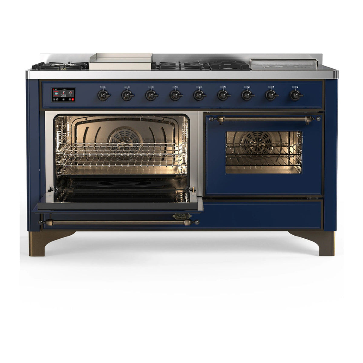 Midnight blue dual fuel range with one oven door open and interior rack