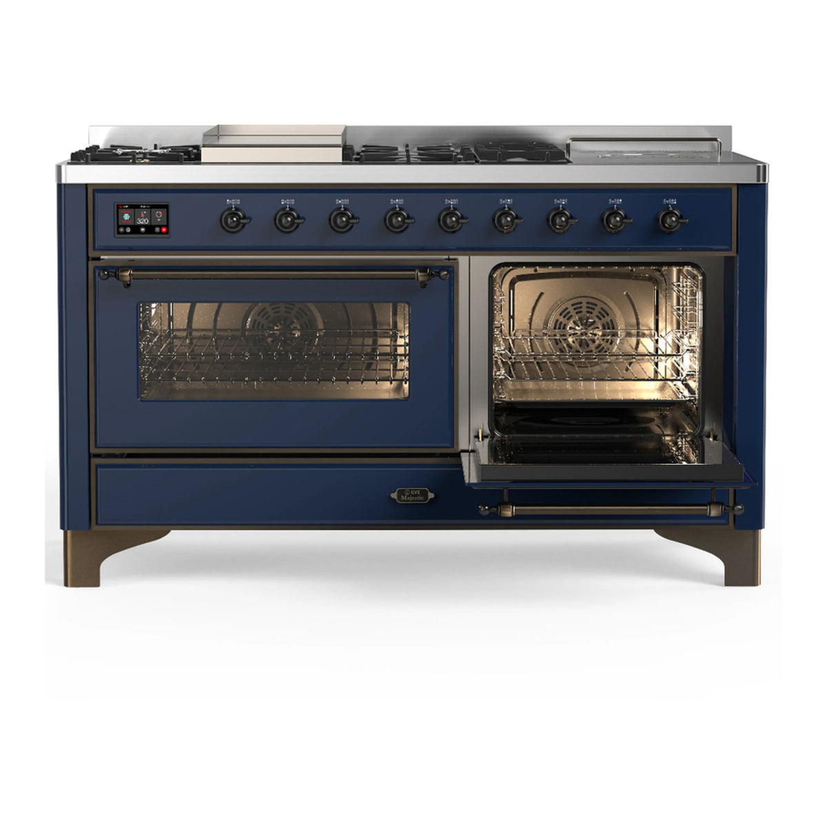 Midnight blue dual fuel range with left oven door open and right door closed