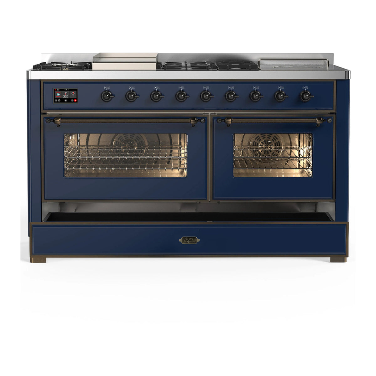 Midnight blue dual fuel range with two glass oven doors and lower storage drawer