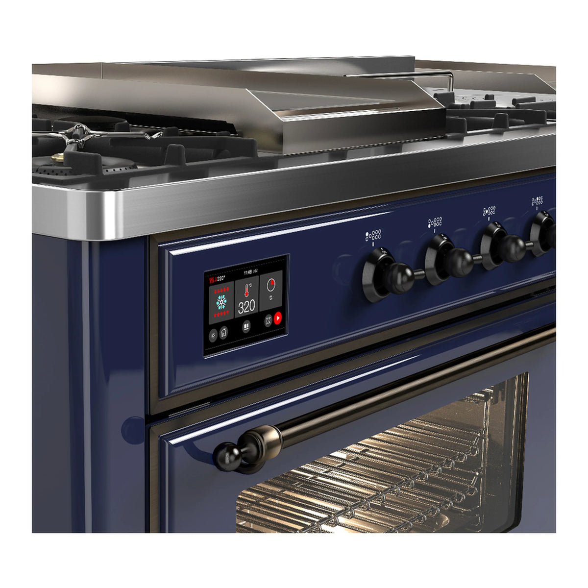 Midnight blue dual fuel range control panel with digital display and oven interior