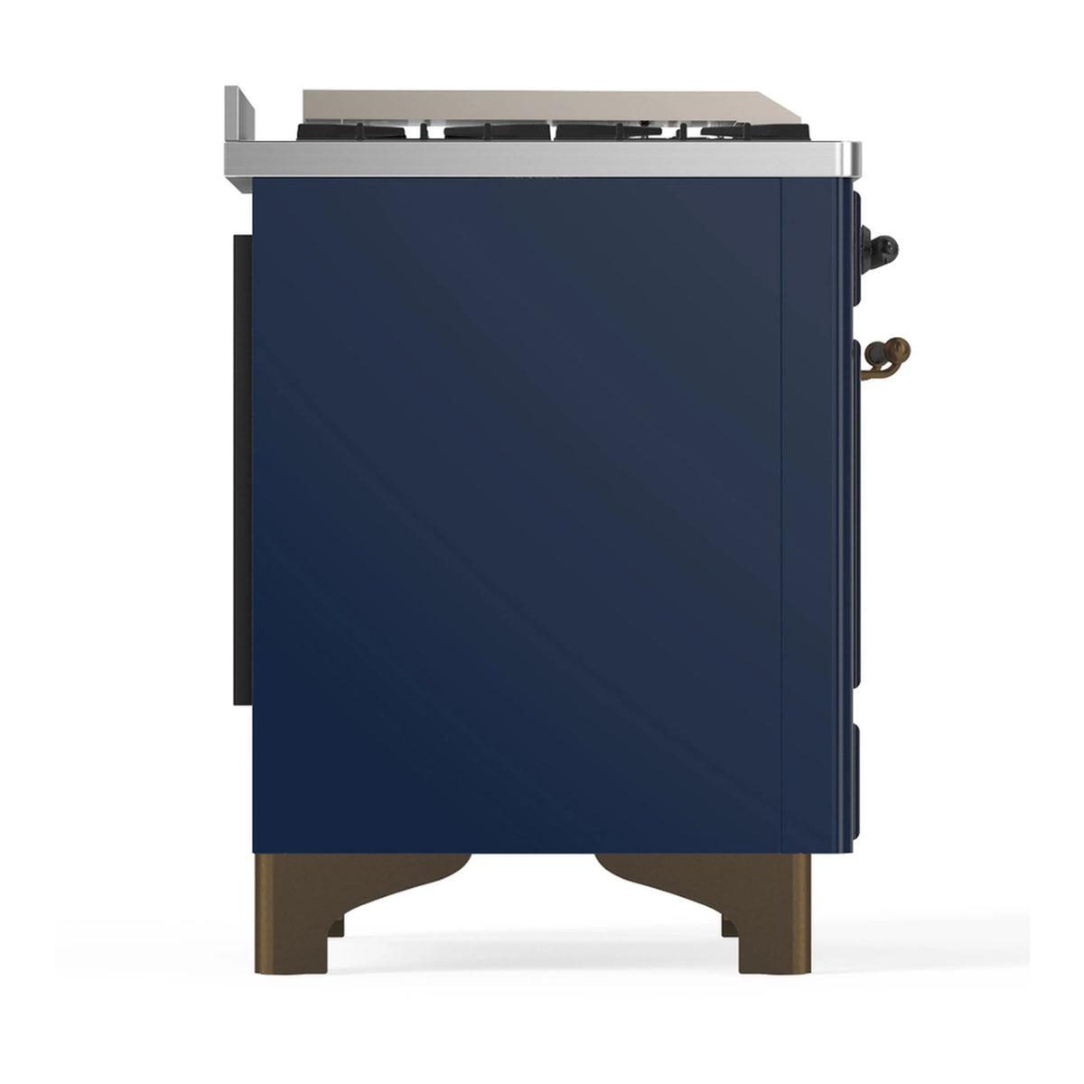 Midnight blue dual fuel range side panel with stainless top and burner controls