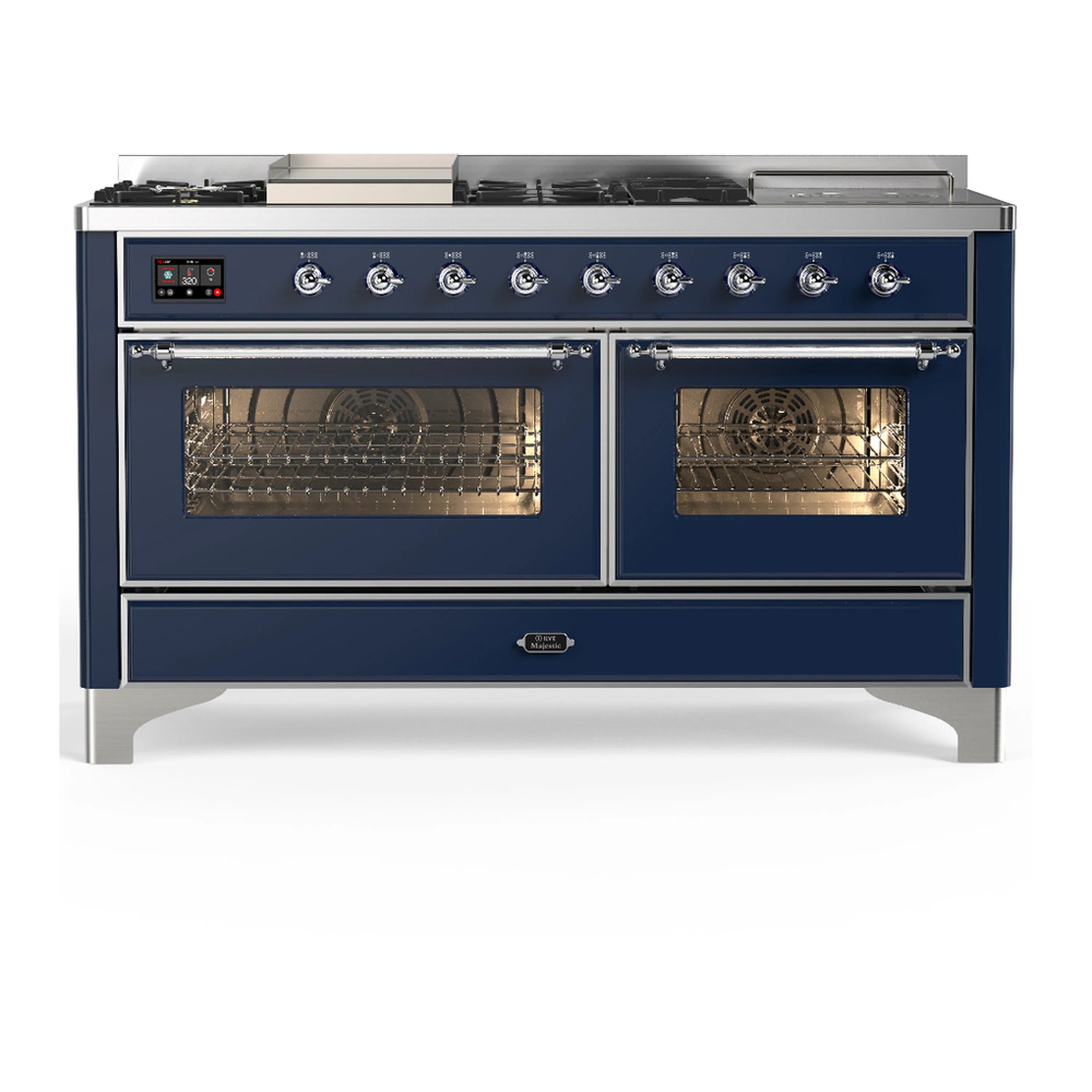 Midnight blue dual fuel range with two glass oven doors and chrome trim