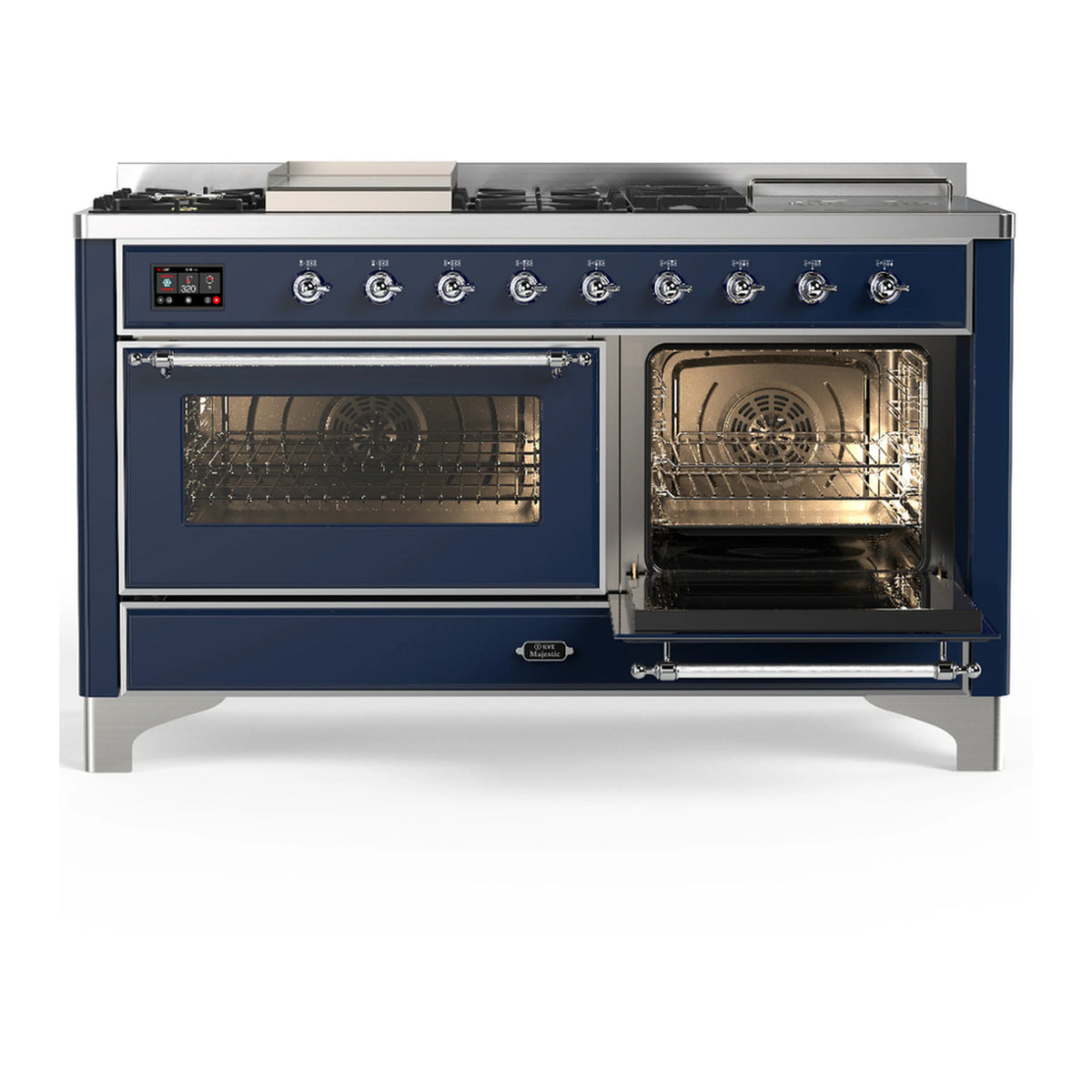 Midnight blue dual fuel range with one oven door open and control panel with knobs
