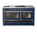 ILVE Majestic III 60-inch Dual Fuel Range with 5 Liquid Propane Burner, Griddle, French Top and Triple Glass Door Electric Oven in Midnight Blue with Chrome Trim (UM60FSNR3MBCLP)