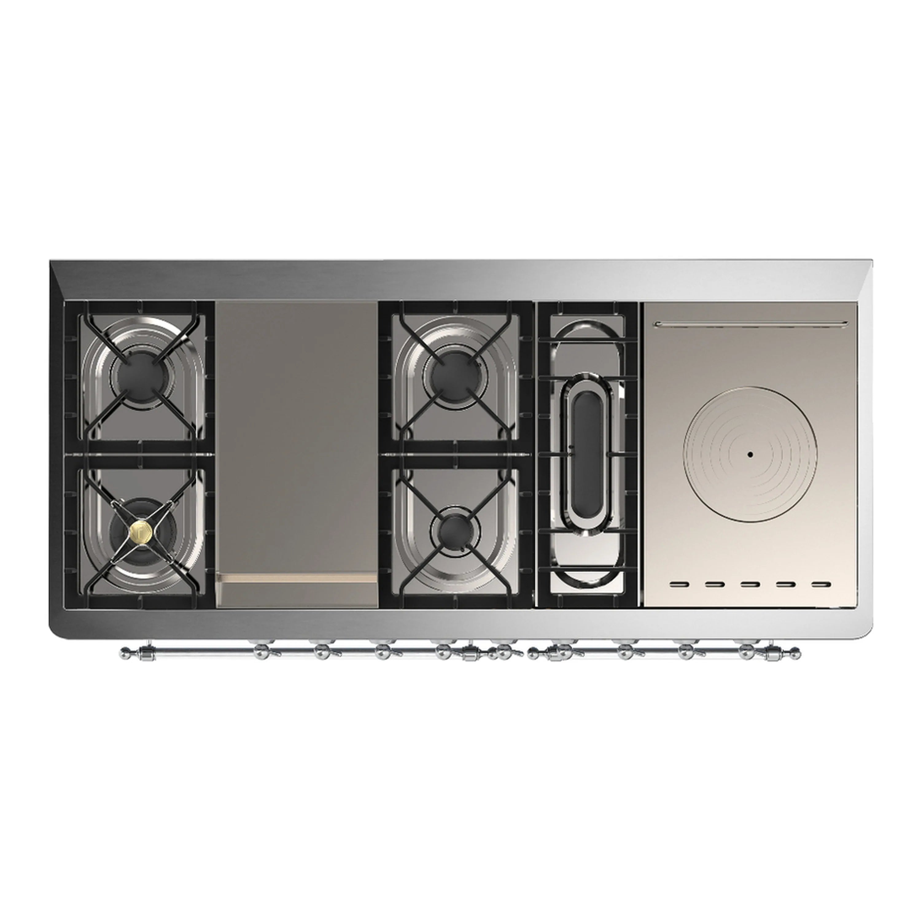 Midnight blue dual fuel range open top burners and oven cavity with side compartments