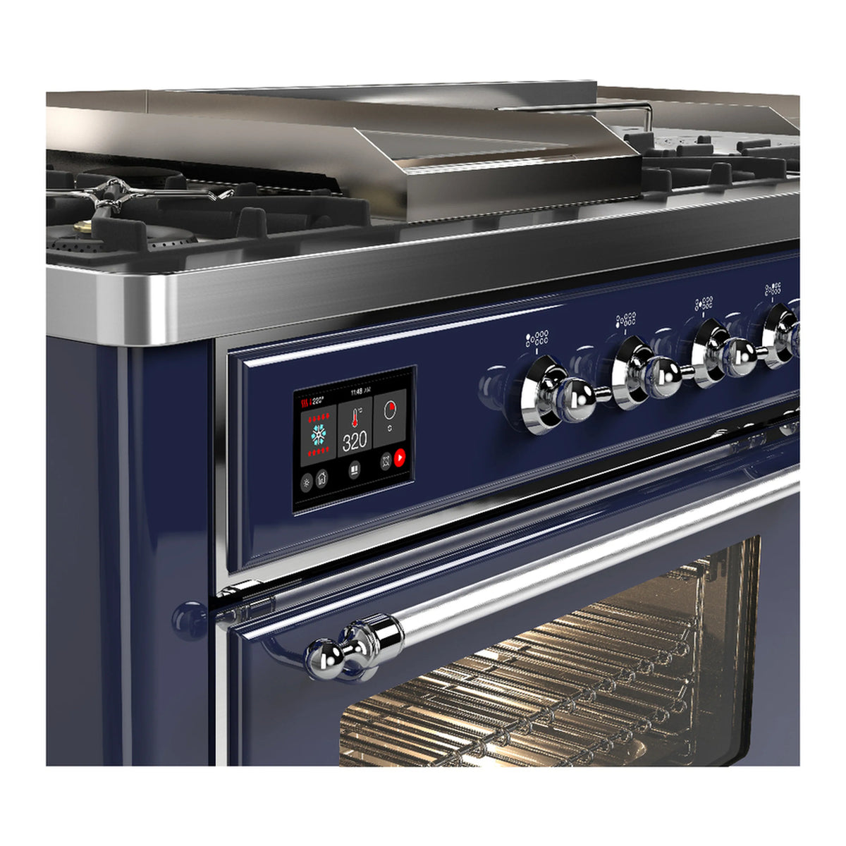 Midnight blue dual fuel range control panel with illuminated display and chrome knobs