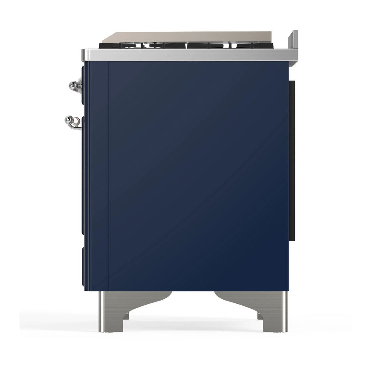 Midnight blue dual fuel range back view with side controls and stainless support legs