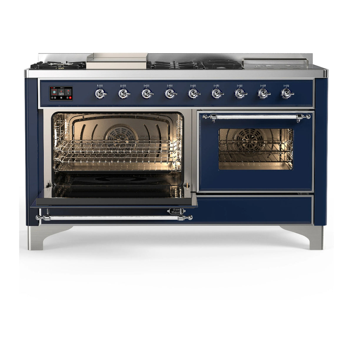 Midnight blue dual fuel range with oven doors open showing racks and interior heating