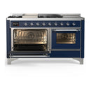 ILVE Majestic III 60-inch Dual Fuel Range with 7 Natural Gas Burner, Griddle, French Top and Triple Glass Door Electric Oven in Midnight Blue with Chrome Trim (UM60FSNR3MBC)