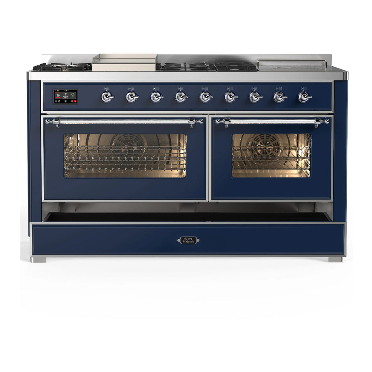 Midnight blue dual fuel range with two oven windows and a lower storage drawer