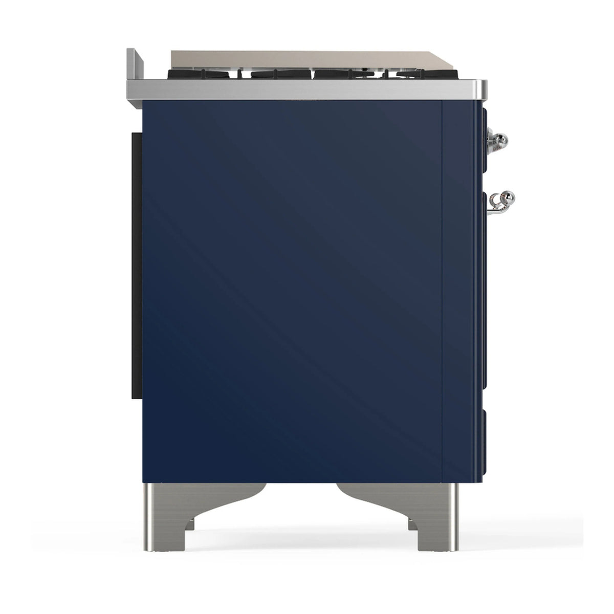 Midnight blue dual fuel range side panel with chrome trim and control knobs