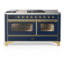 ILVE Majestic III 60-inch Dual Fuel Range with 5 Liquid Propane Burner, Griddle, French Top and Triple Glass Door Electric Oven in Blue Grey with Brass Trim (UM60FSNR3MBGLP)