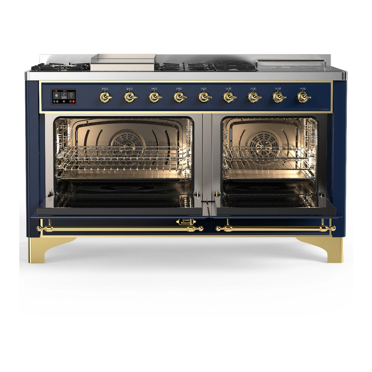 Blue grey dual fuel range with brass trim and two open oven doors, showing wire racks