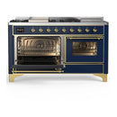 ILVE Majestic III 60-inch Dual Fuel Range with 5 Liquid Propane Burner, Griddle, French Top and Triple Glass Door Electric Oven in Blue Grey with Brass Trim (UM60FSNR3MBGLP)