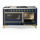 ILVE Majestic III 60-inch Dual Fuel Range with 5 Liquid Propane Burner, Griddle, French Top and Triple Glass Door Electric Oven in Blue Grey with Brass Trim (UM60FSNR3MBGLP)