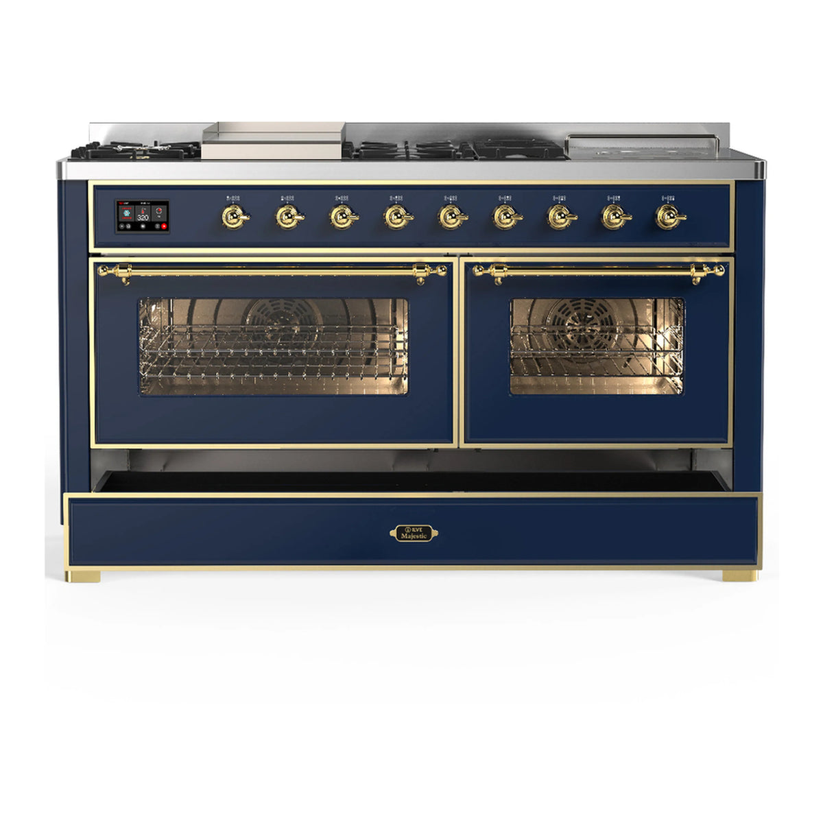 Blue grey dual fuel range with brass trim, three glass doors and closed storage drawer