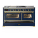 ILVE Majestic III 60-inch Dual Fuel Range with 5 Liquid Propane Burner, Griddle, French Top and Triple Glass Door Electric Oven in Blue Grey with Brass Trim (UM60FSNR3MBGLP)