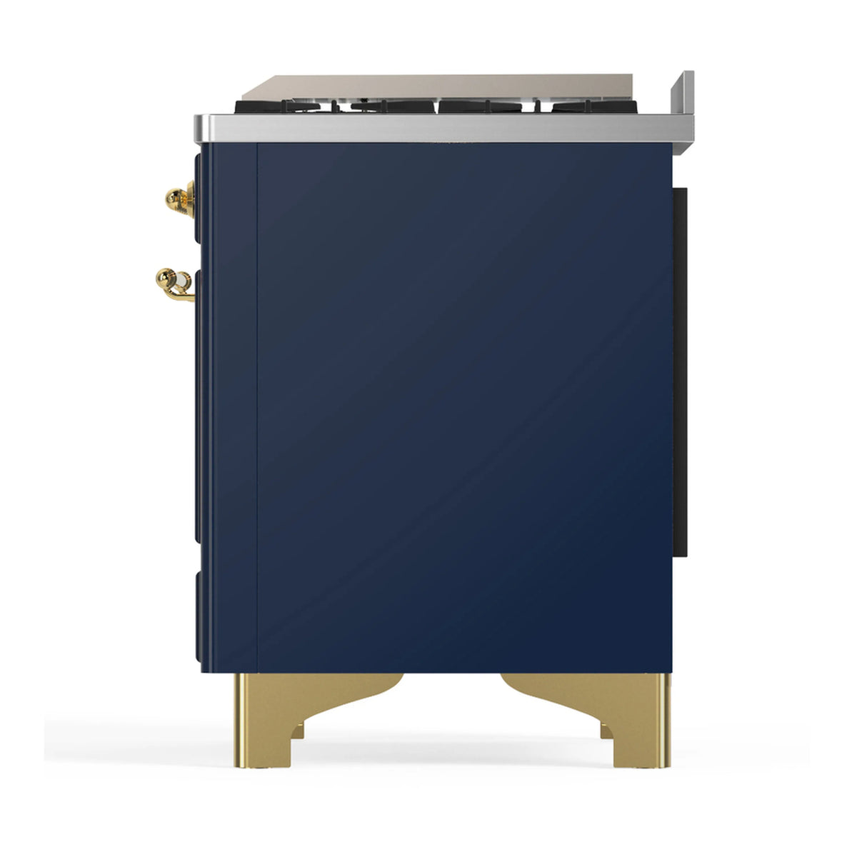 Blue grey range side view with brass corner hardware, stainless cooktop hood, front kick legs