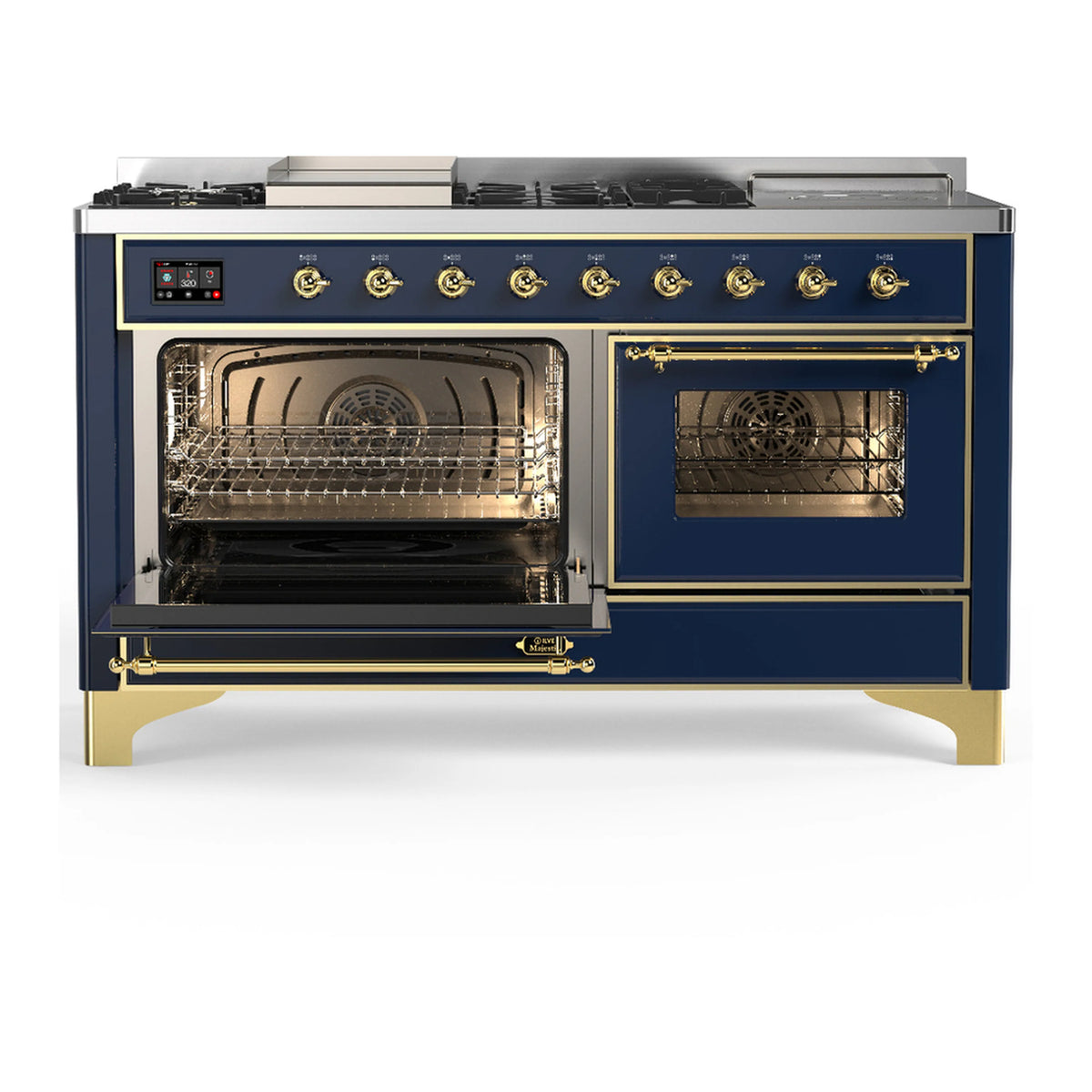 ILVE dual fuel range with left oven door open; right oven door closed, brass-trim control panel