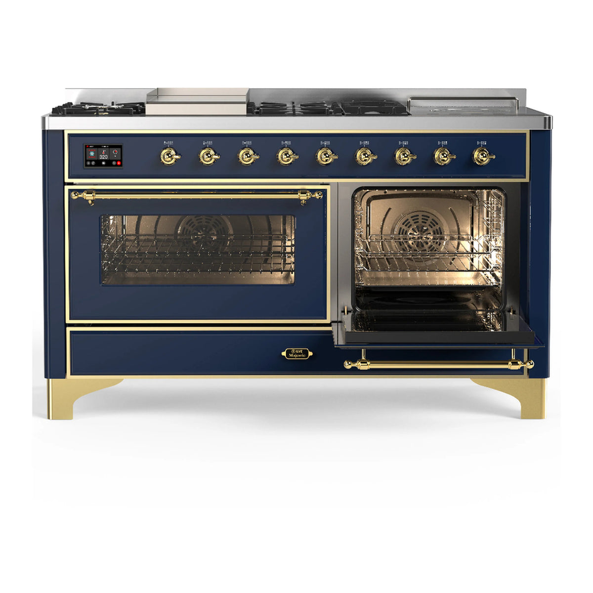 ILVE dual fuel range in blue-grey with brass trim; two glass oven doors closed