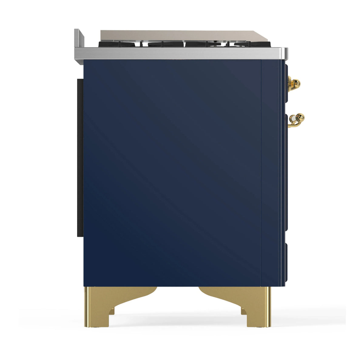 ILVE dual fuel range side view in blue-grey with brass corner fittings and raised feet