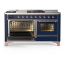 ILVE Majestic III 60-inch Dual Fuel Range with 5 Liquid Propane Burner, Griddle, French Top and Triple Glass Door Electric Oven in Midnight Blue with Copper Trim (UM60FSNR3MBPLP)