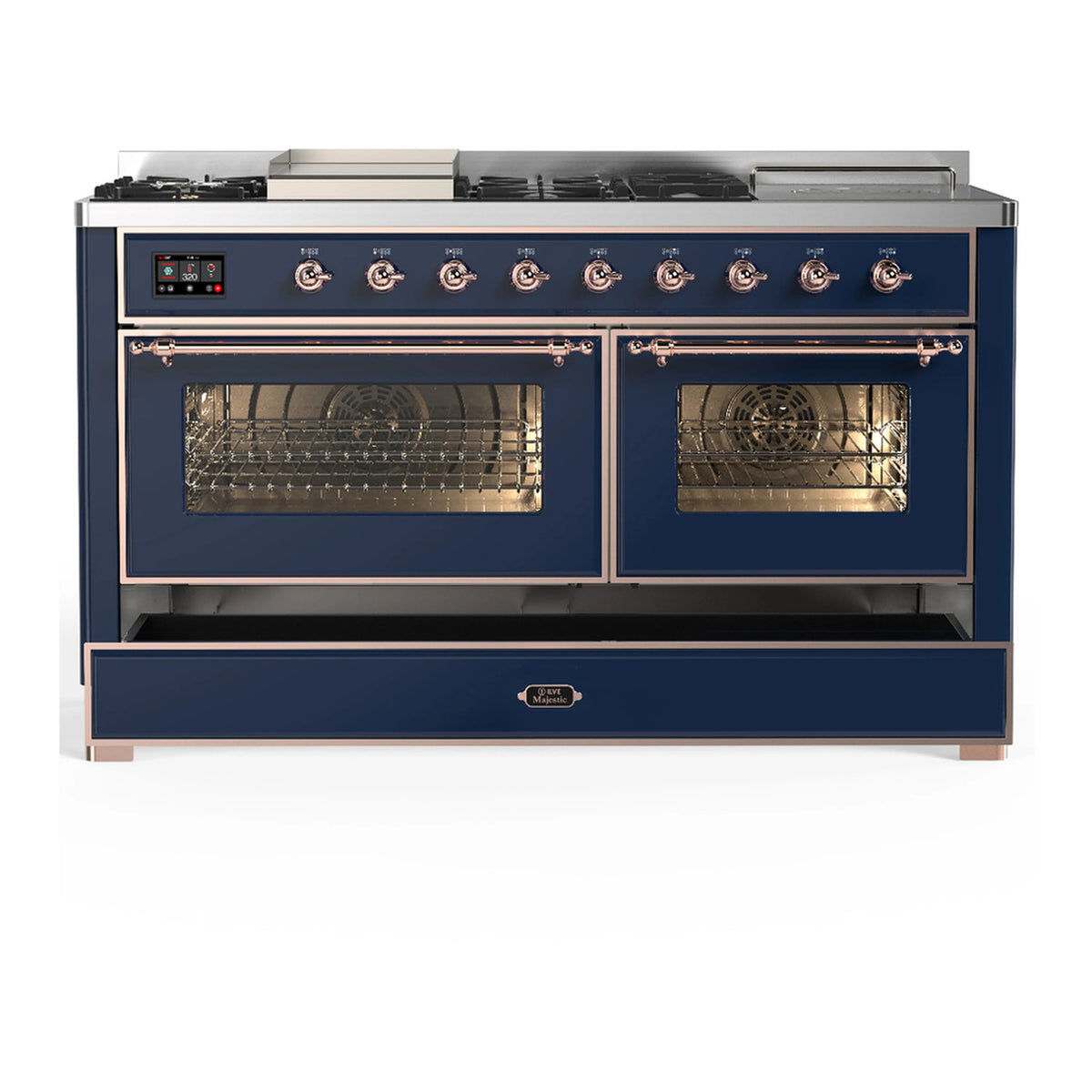 Midnight blue dual fuel range with drawer-style lower door closed and two oven doors open
