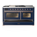 ILVE Majestic III 60-inch Dual Fuel Range with 5 Liquid Propane Burner, Griddle, French Top and Triple Glass Door Electric Oven in Midnight Blue with Copper Trim (UM60FSNR3MBPLP)