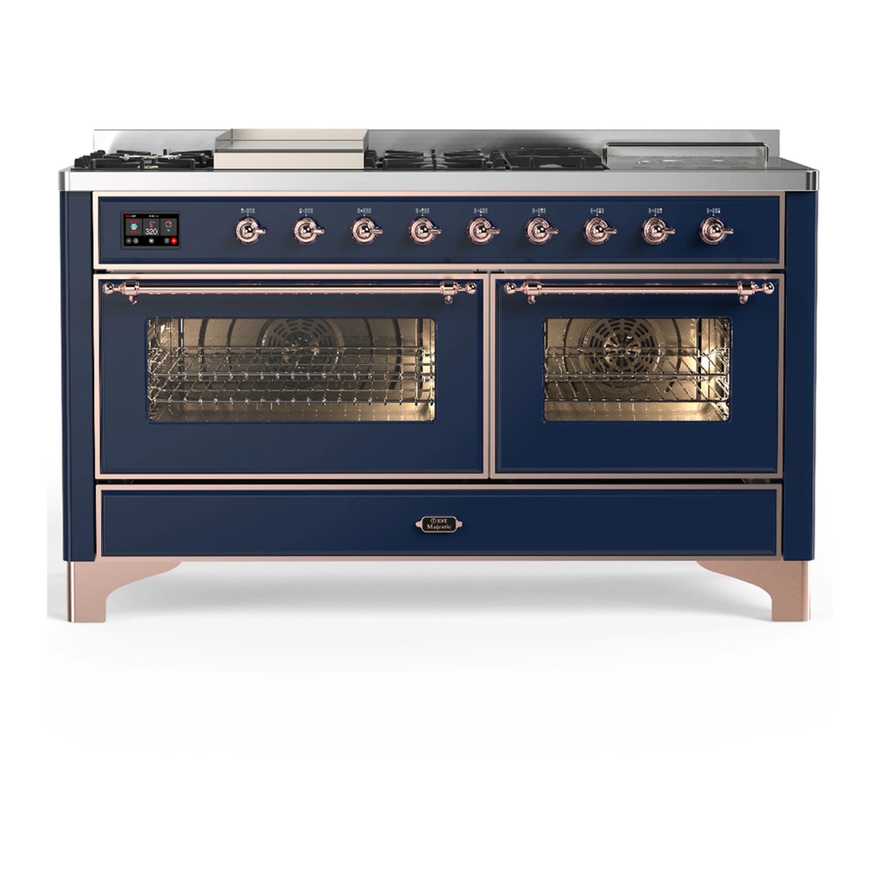 Midnight blue dual fuel range with copper trim and two closed electric oven doors, front view