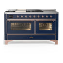 ILVE Majestic III 60-inch Dual Fuel Range with 7 Natural Gas Burner, Griddle, French Top and Triple Glass Door Electric Oven in Midnight Blue with Copper Trim (UM60FSNR3MBP)