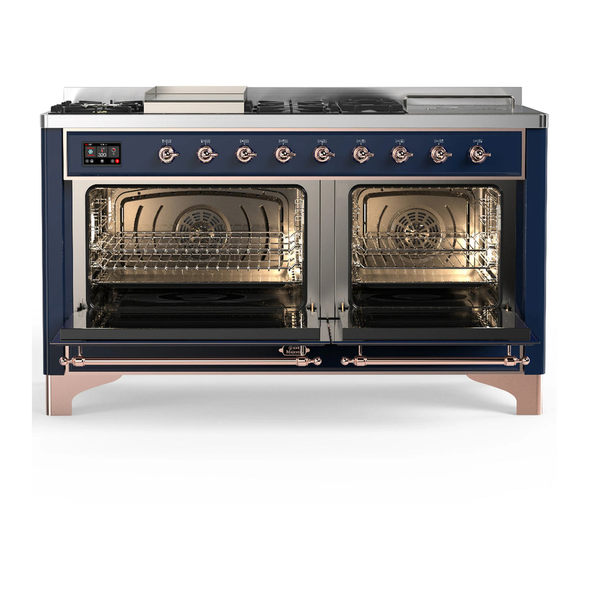 Midnight blue dual fuel range with two open electric ovens, copper handles and front controls