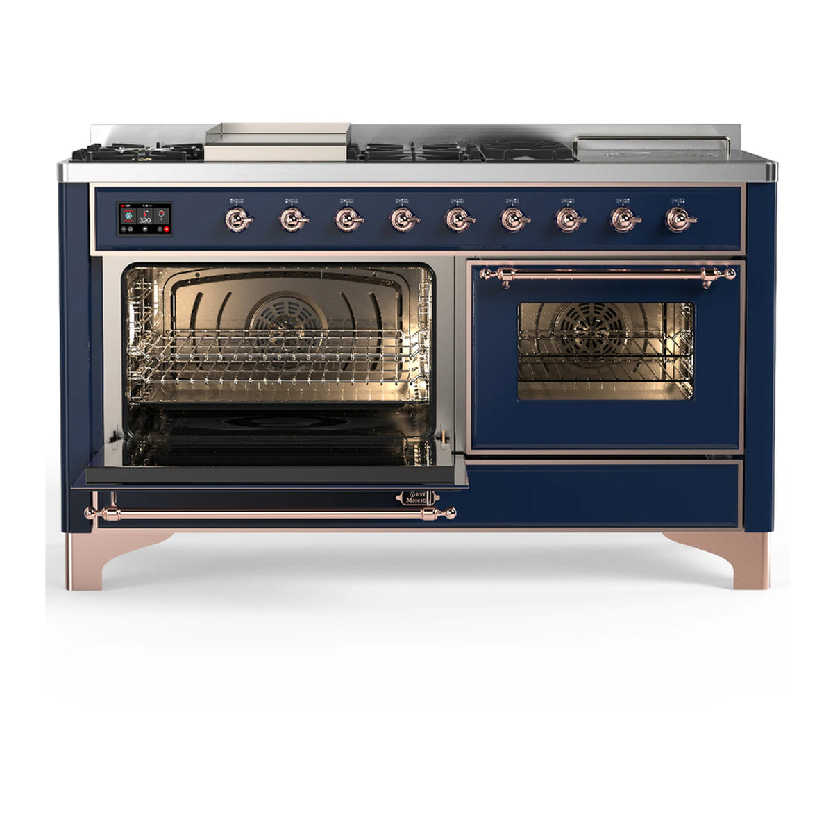 Midnight blue dual fuel range with copper trim and triple-glass electric ovens, front view