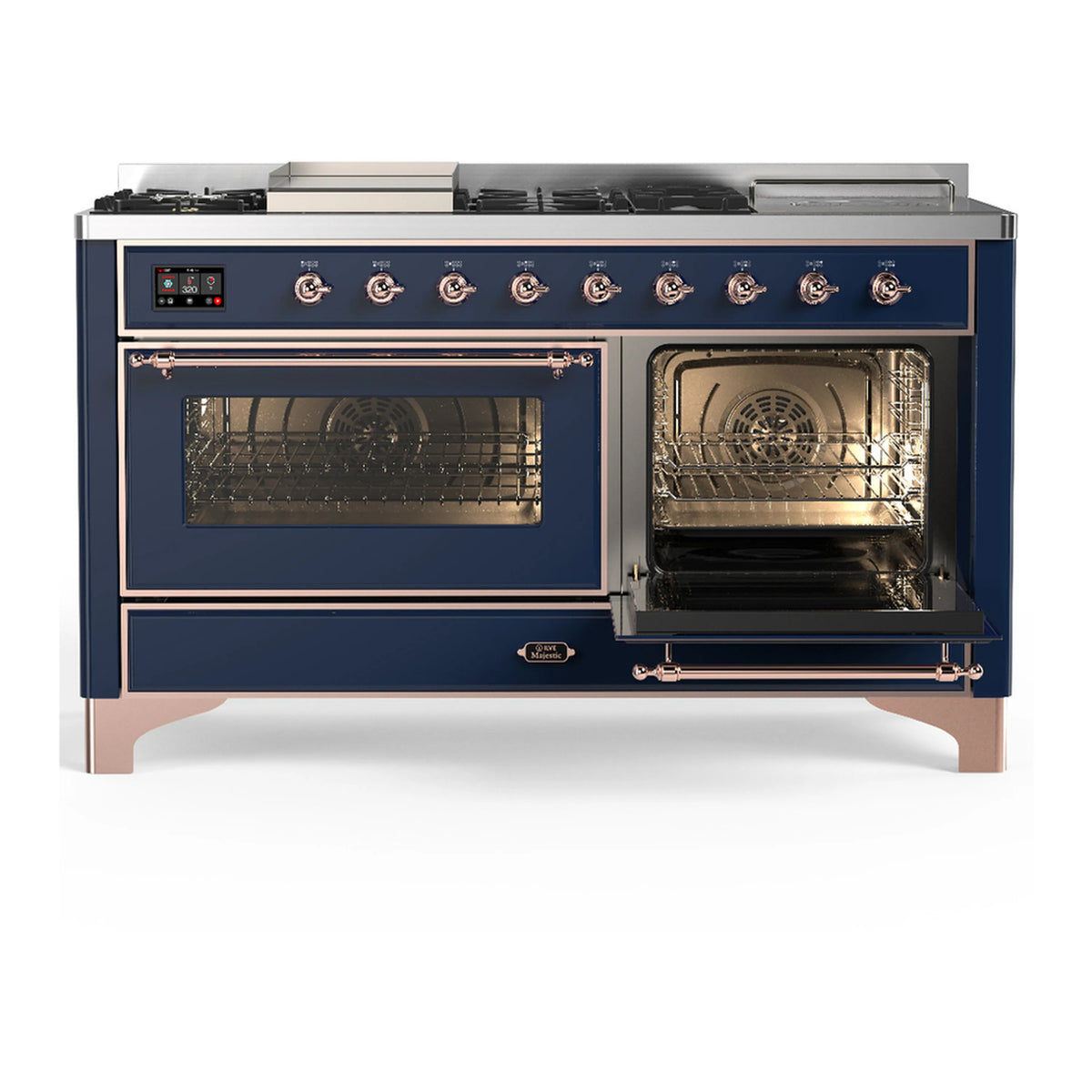 Midnight blue dual fuel range with one open and one closed electric oven door, copper trim