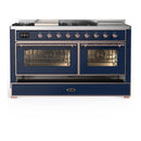 ILVE Majestic III 60-inch Dual Fuel Range with 7 Natural Gas Burner, Griddle, French Top and Triple Glass Door Electric Oven in Midnight Blue with Copper Trim (UM60FSNR3MBP)