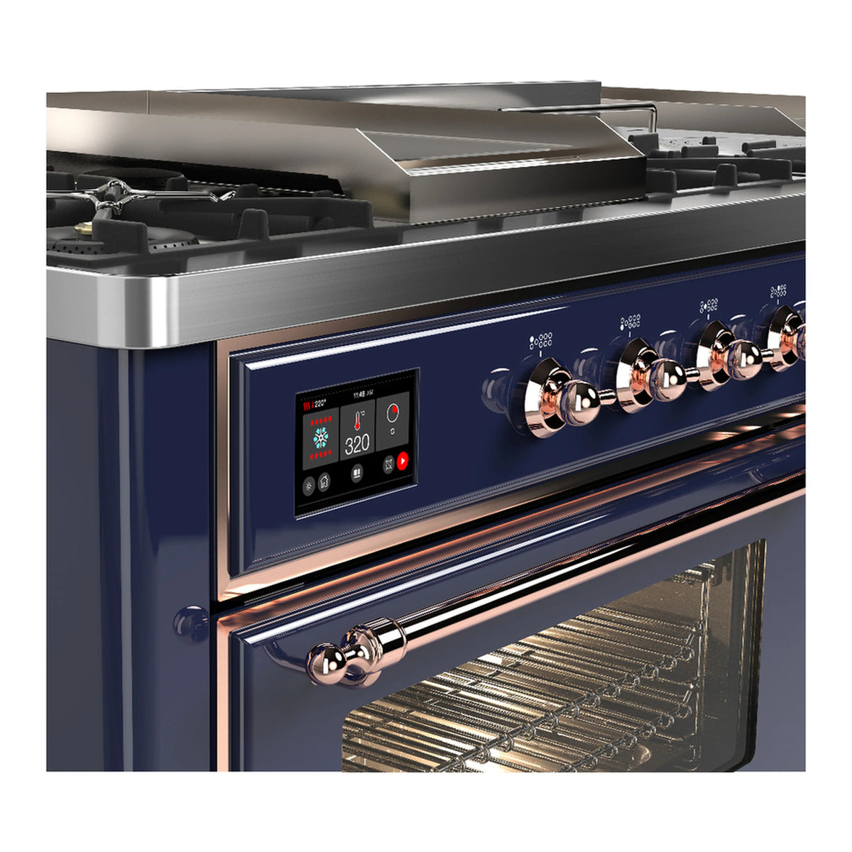 Copper-trimmed control panel and oven door on midnight blue dual fuel range