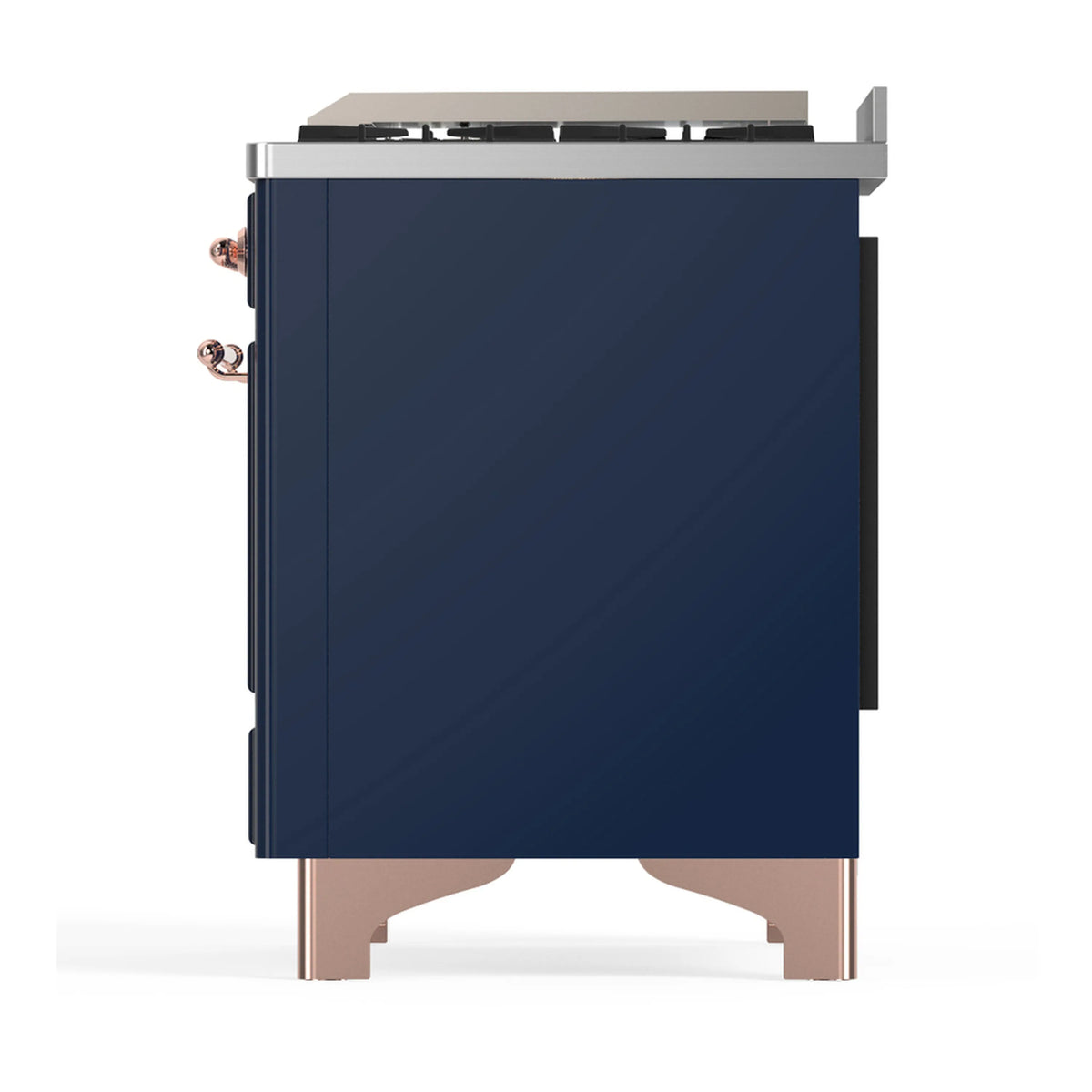 Midnight blue dual fuel range side panel with copper accents and stainless top, partial view