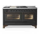 ILVE Majestic III 60-inch Dual Fuel Range with 5 Liquid Propane Burner, Griddle, French Top and Triple Glass Door Electric Oven in Graphite Matte with Burnished Trim (UM60FSNR3MGBLP)