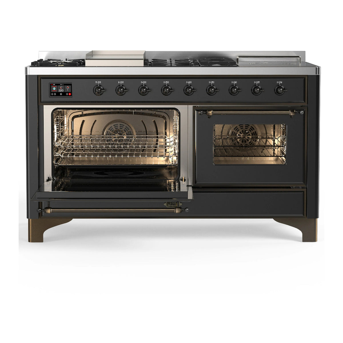 Graphite dual fuel range with one oven door open and illuminated cooking cavity