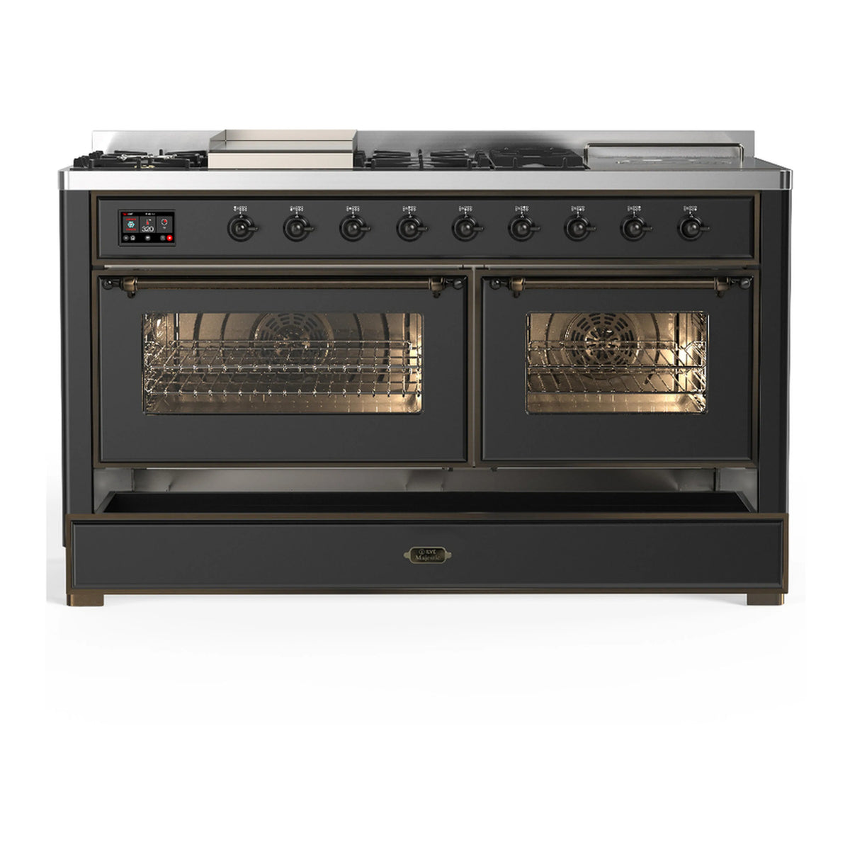 Graphite matte dual fuel range with two oven doors open and visible racks