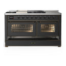 ILVE Majestic III 60-inch Dual Fuel Range with 5 Liquid Propane Burner, Griddle, French Top and Triple Glass Door Electric Oven in Graphite Matte with Burnished Trim (UM60FSNR3MGBLP)