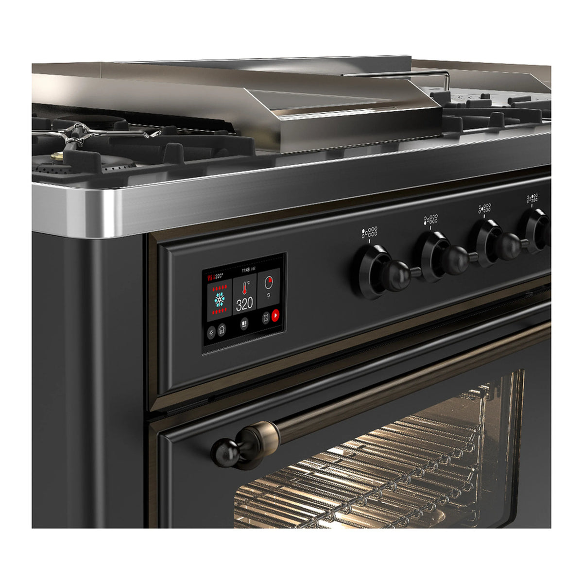 Close-up of graphite dual fuel range control panel and oven door handle