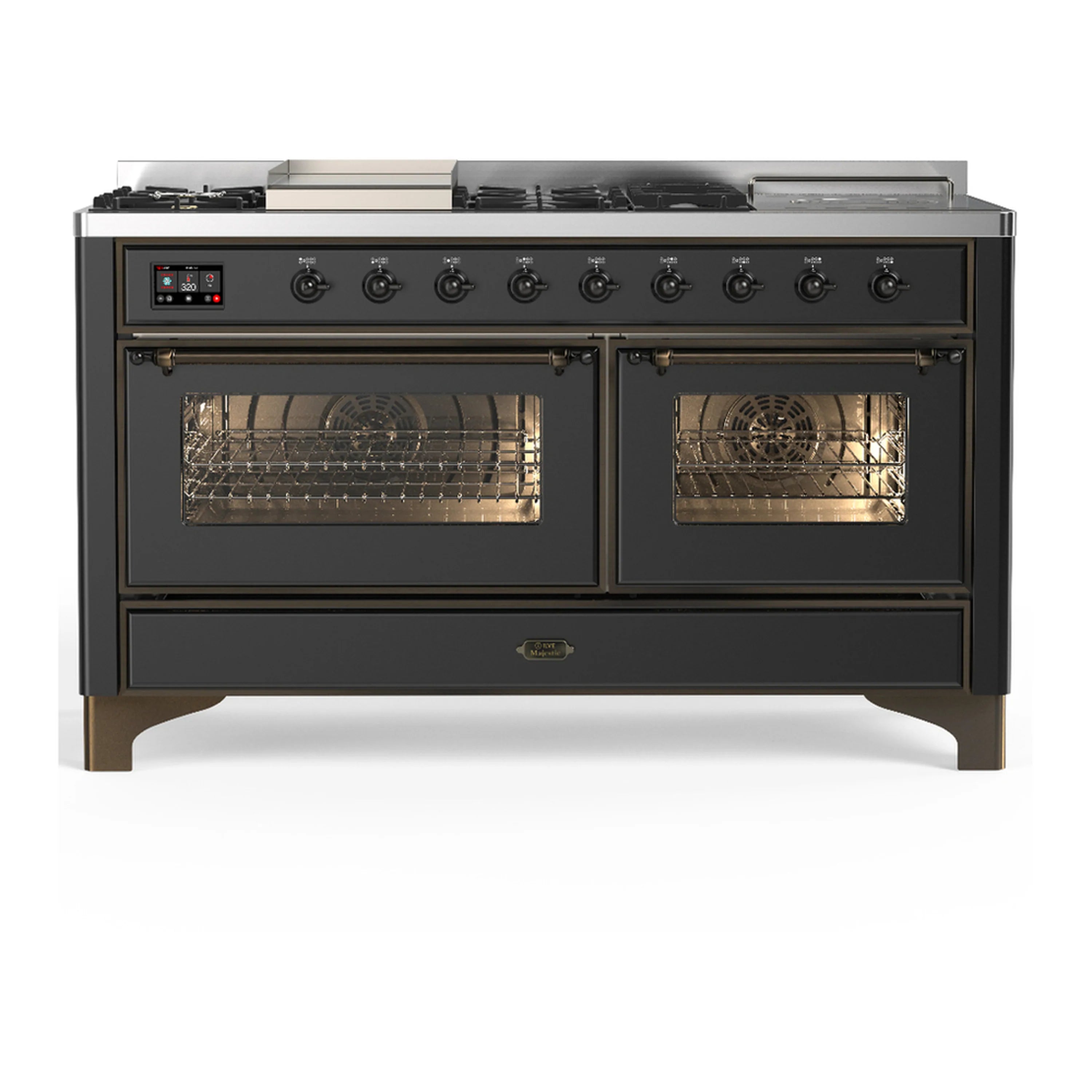 Graphite matte dual-fuel range with two oven doors and front control panel